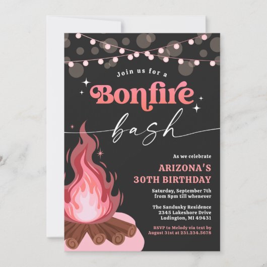 Modern Pfirsichrosa Bonfire Einladung, Bonfire Bas Einladung (Vorderseite)