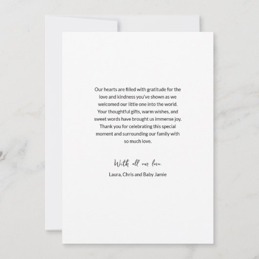 Modern Photo Baby with Newborn Birth stats Message Dankeskarte (Rückseite)