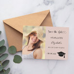 Modern photo blush pink neutral Graduation Party Save The Date<br><div class="desc">A photo Save the date card for a graduation. On front: Add your own vertical size photo of the graduate. A trendy blush pink neutral colored background, black text. Templates for a name and date. The name and the text: Save the Date are written with a modern hand lettered style...</div>