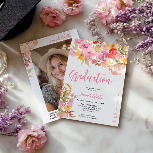 Modern photo Boho Pink Lavender floral graduation Einladung
