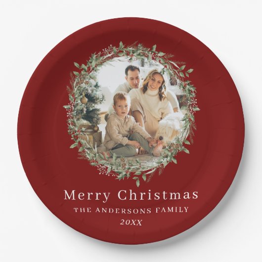 Modern photo Christmas wreath red Pappteller (Vorderseite)