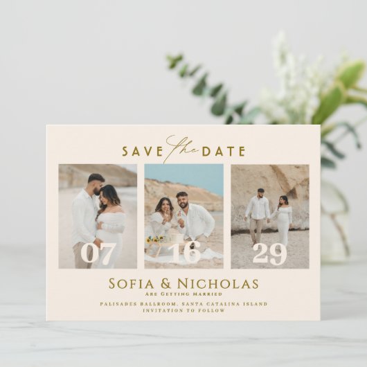 Modern Photo Collage Boho Wedding Save The Date (Stehend Vorderseite)