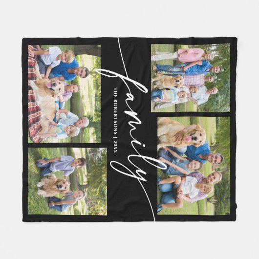 Modern Photo Collage Family Script Keepsake Fleecedecke (Vorderseite (Horizontal))