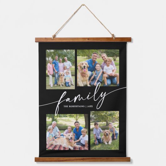 Modern Photo Collage Family Script Keepsake Wandteppich Mit Holzrahmen (Vorderseite)