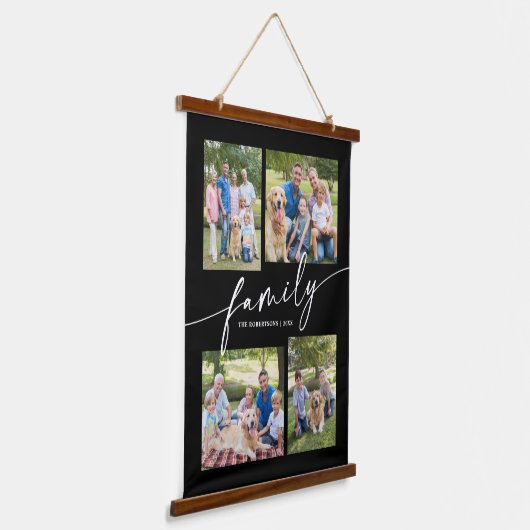 Modern Photo Collage Family Script Keepsake Wandteppich Mit Holzrahmen (Gewinkelt)