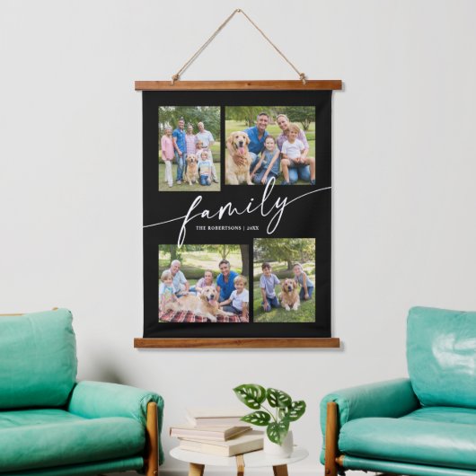 Modern Photo Collage Family Script Keepsake Wandteppich Mit Holzrahmen (Wohnzimmer)