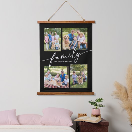 Modern Photo Collage Family Script Keepsake Wandteppich Mit Holzrahmen (Schlafzimmer)