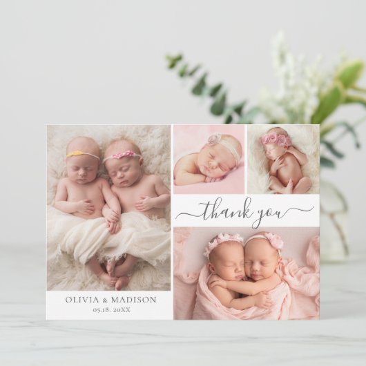 Modern Photo Collage Girl Twins Baby Thank You Dankeskarte (Stehend Vorderseite)