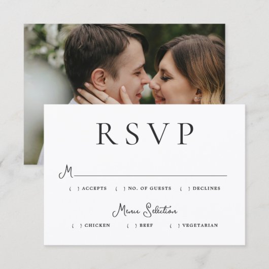 Modern Photo Editorial Wedding RSVP Karte (Vorne/Hinten)