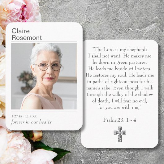 Modern Photo Funeral Cross Psalm 23 Prayer Card Visitenkarte