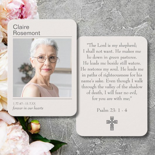 Modern Photo Funeral Cross Psalm 23 Prayer Card Visitenkarte