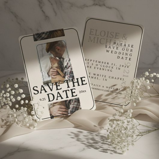 Modern Photo Grid with Bold Serif Save the Date Einladung