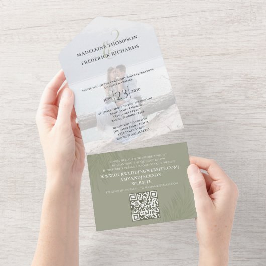 Modern Photo Minimalist Palm Leaves QR Code RSVP All In One Einladung (Abreißen)