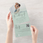 Modern Photo Overlay QR Code Sage Script Wedding All In One Einladung (Abreißen)