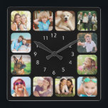 Modern Photo Personalized Black Acrylic Wall Clock Quadratische Wanduhr<br><div class="desc">Modern personalized keepsake wall clock with simple clean lines featuring white numbers on a black background and twelve rounded squares holding your favorite photos of family,  pets,  travels or other special memories.</div>