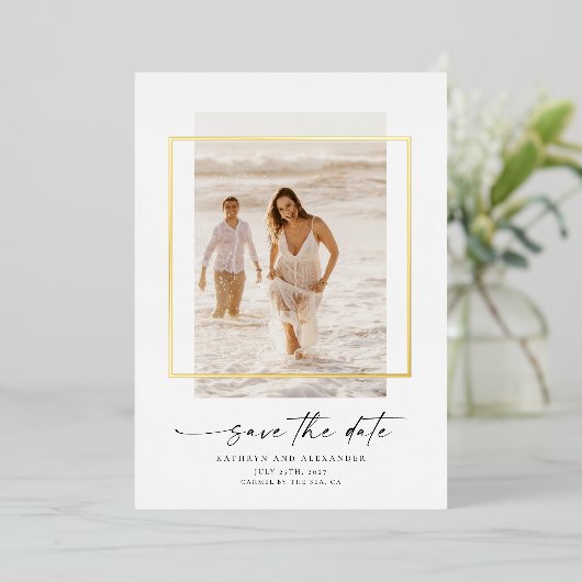 Modern Photo Save The Date Real Gold Folieneinladung (Stehend vorne)
