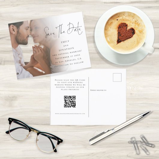 Modern Photo Script QR Code Wedding Save The Date Postkarte