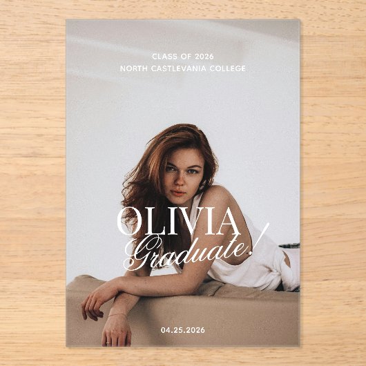 Modern Photo Typography Script Grad Announcement Acryleinladungen (Vorderseite)