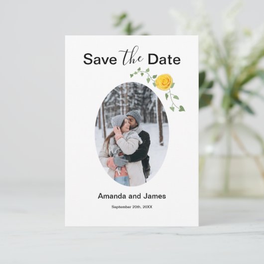 Modern Photo Yellow Rose and Vine White and Yellow Save The Date (Stehend Vorderseite)