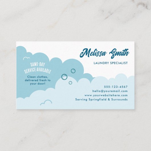 Modern Pick-Up Laundry Service Blue & White Visitenkarte (Rückseite)