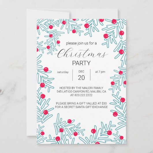 Modern Pine Branch and Red Berry Christmas Pattern Einladung (Vorderseite)