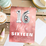 Modern Pink 16 Balloon Girl Birthday Party Einladung<br><div class="desc">Moderne 16. Geburtstagsfeier mit einem alltönigen Aquarell-Rosa-Hintergrund,  transparentem Blasenkonfetti und einem großen silbernen Nummer sechzehn Helium-Ballon. Der Name ist in einem großen,  weißen Text in Kalligrafie mit einer einfachen Geburtstagsvorlage geschrieben,  die leicht anzupassen ist.</div>