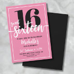 Modern Pink 16 . Geburtstag 16. Geburtstagsparty Einladung<br><div class="desc">Eine schlichte und moderne 16 . Geburtstag Geburtstagsfeier, perfekt zum Feiern. Das lebhafte Design ist mit einem hellen rosa Hintergrund und einer fett gedruckten "16", die oben sichtbar ist, ausgestattet. Unten ist "16 . Geburtstag" elegant in Script-Kalligraphie geschrieben und setzt einen spielerischen und stilvollen Ton. Der Text verbindet eine Mischung...</div>