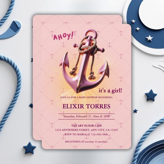 Modern Pink Ahoy! Anchor Nautical Baby Dusche Einladung