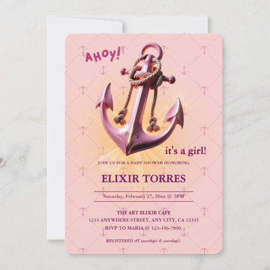 Modern Pink Ahoy! Anchor Nautical Baby Dusche Einladung (Vorderseite)
