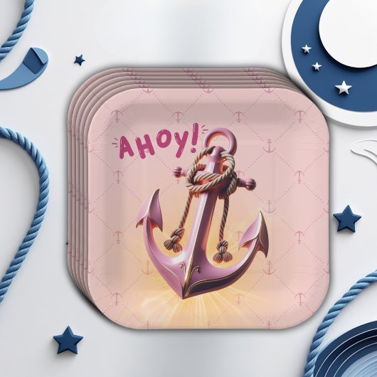 Modern Pink Ahoy! Anchor Nautical Baby Dusche Pappteller