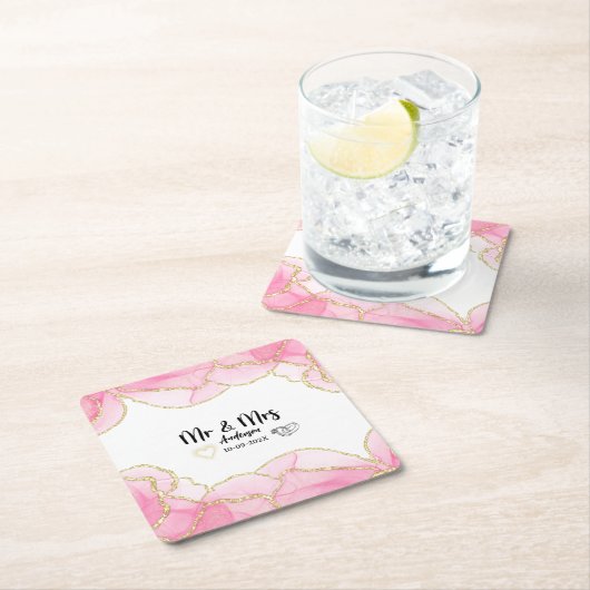 Modern Pink and Gold Mr. and Mrs. Rechteckiger Pappuntersetzer (Vor Ort)