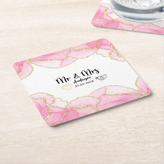 Modern Pink and Gold Mr. and Mrs. Rechteckiger Pappuntersetzer (angewinkelt)