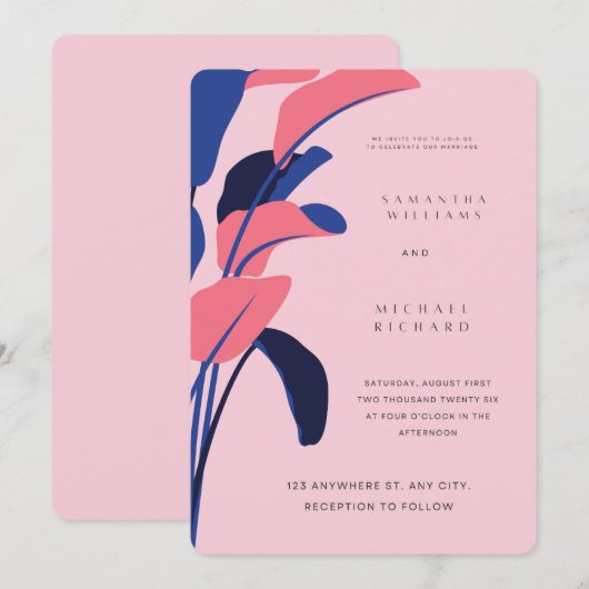 Modern Pink and Navy Tropical Leaf Wedding Invitat Einladung (Vorne/Hinten)