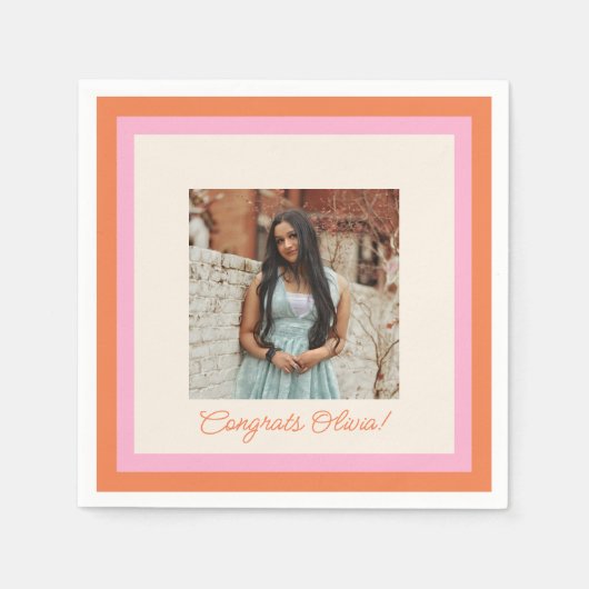 Modern Pink and Orange Border Photo Graduation Serviette (Vorderseite)
