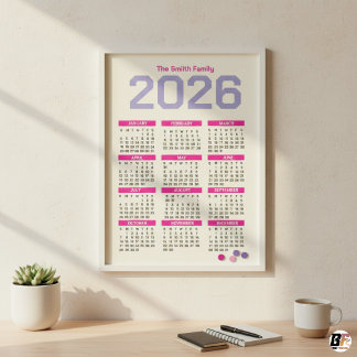 Modern Pink and Purple 2026 Yearly Family Calendar Magnetkarte