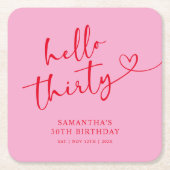 Modern Pink and Red Hello 30th Birthday Rechteckiger Pappuntersetzer (Vorderseite)