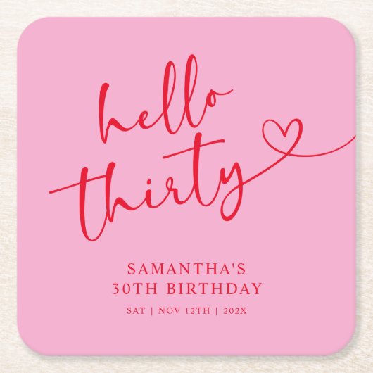 Modern Pink and Red Hello 30th Birthday Rechteckiger Pappuntersetzer (Vorderseite)