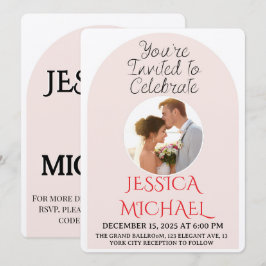 Modern Pink Arch Wedding Photo Invite with QR Code Einladung