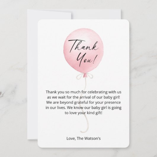 Modern Pink Balloon Baby Dusche Danke Karte (Vorderseite)