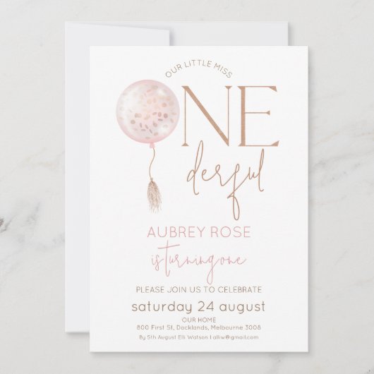Modern Pink Balloon Eins zum 1. Geburtstag Einladung (Vorderseite)