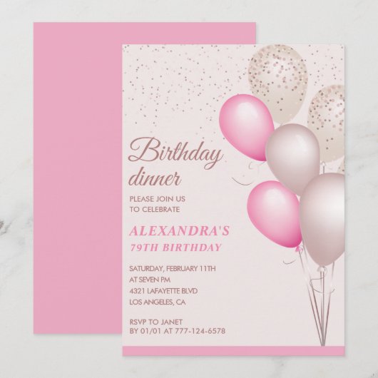 Modern Pink Birthday Abendessen 79. Geburtstag Einladung (Vorne/Hinten)