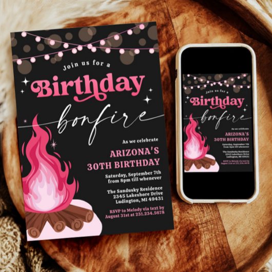 Modern Pink Birthday Bonfire Einladung