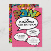 Modern Pink Birthday Party Fun Comic Book Einladungspostkarte (Vorne/Hinten)