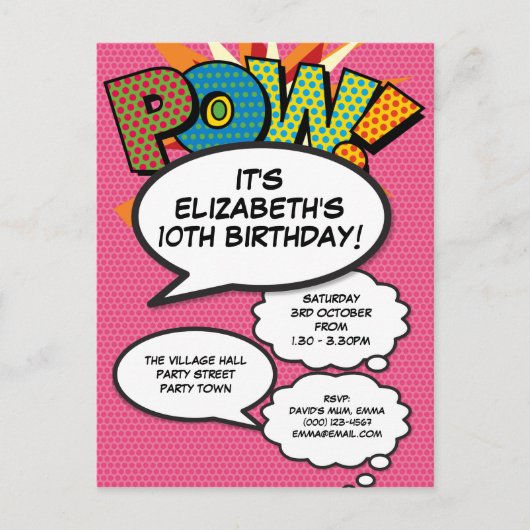 Modern Pink Birthday Party Fun Comic Book Einladungspostkarte (Vorderseite)
