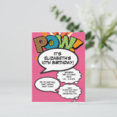 Modern Pink Birthday Party Fun Comic Book Einladungspostkarte (Stehend Vorderseite)