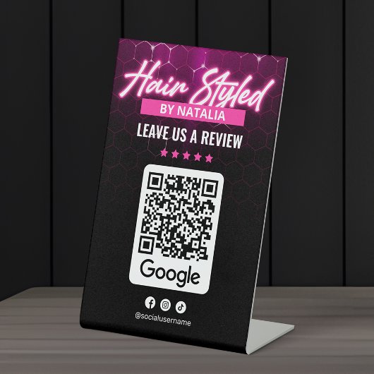 Modern Pink Black Hair Salon Google Review QR Code Sockelschild