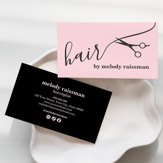 Modern Pink Black Hairstylist Script Business Card Visitenkarte