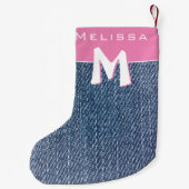 Modern Pink Blue Denim Jeans Monogram Name Kids Kleiner Weihnachtsstrumpf (Rückseite)