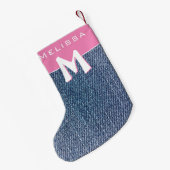 Modern Pink Blue Denim Jeans Monogram Name Kids Kleiner Weihnachtsstrumpf (Rückseite (Hängend))