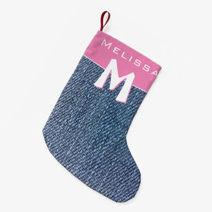 Modern Pink Blue Denim Jeans Monogram Name Kids Kleiner Weihnachtsstrumpf